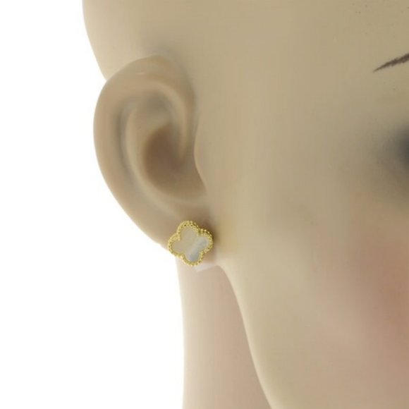 Mother of Pearl clover 925 silver 18k GP push back Clover stud earrings - Picture 3 of 3